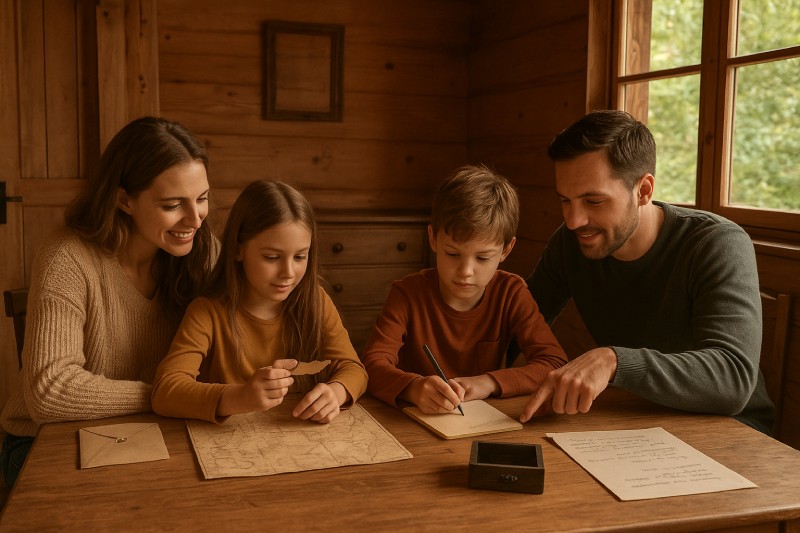 Familia jugando en casa de Madera - Escape Room